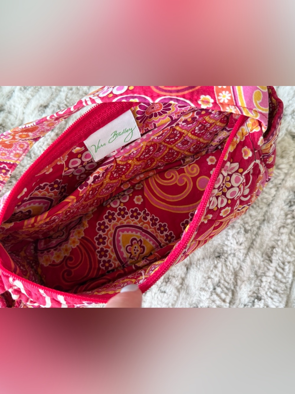 Vera Bradley Raspberry Fizz Shoulder Bag + Kiss-lock Wallet + Zip Pouch Keychain - Picture 3 of 9